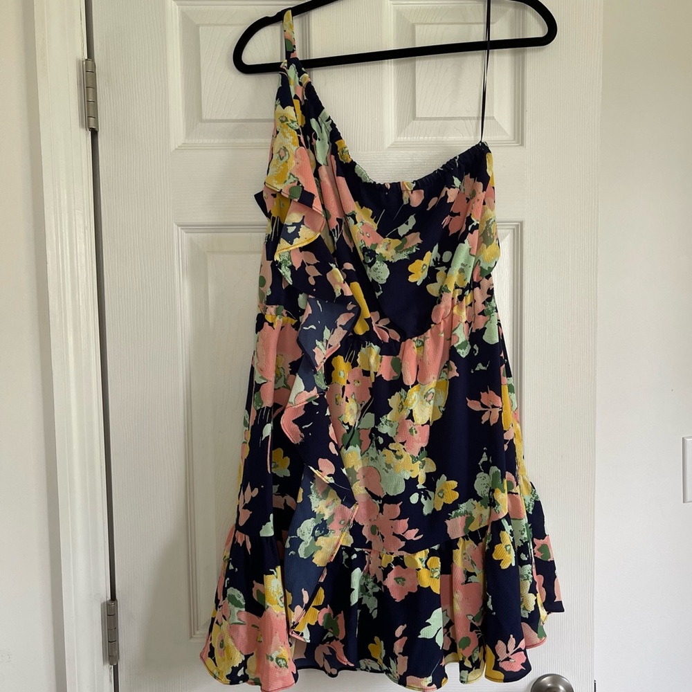 Kaari Blue Large One Shoulder Floral Blue Dress Lined